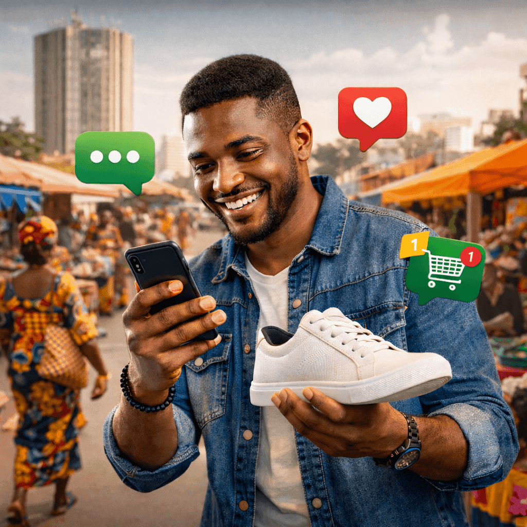 Commerçant en Côte d’Ivoire utilisant son smartphone pour vendre ses produits en ligne